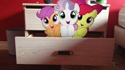 Size: 1920x1080 | Tagged: safe, artist:mr-kennedy92, character:apple bloom, character:scootaloo, character:sweetie belle, species:pegasus, species:pony, bed, clock, cutie mark crusaders, dresser, irl, photo, ponies in real life, trash can, vector