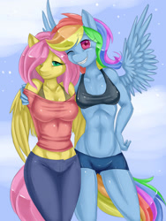 Size: 1663x2207 | Tagged: safe, artist:misukitty, character:fluttershy, character:rainbow dash, species:anthro, ship:flutterdash, abs, belly button, breasts, clothing, compression shorts, female, lesbian, midriff, shipping, sports bra