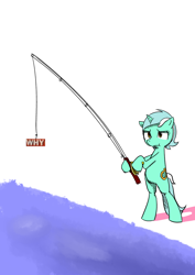 Size: 1240x1754 | Tagged: safe, artist:miles, artist:rustydooks, character:lyra heartstrings, bipedal, female, fishing, hoof hold, solo, why
