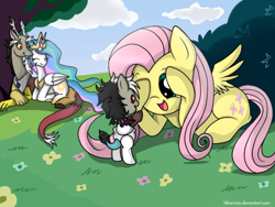 Size: 640x480 | Tagged: safe, artist:hikariviny, character:discord, character:fluttershy, character:princess celestia, oc, oc:chaotic, parent:discord, parent:princess celestia, parents:dislestia, species:chimera, ship:dislestia, bush, cuddling, cute, diaper, eyes closed, flower, foal, grass, hybrid, interspecies offspring, offspring, open mouth, peekaboo, picnic, prone, shipping, shyabetes, smiling, snuggling, spread wings, tree, wings