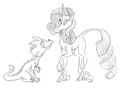 Size: 1184x922 | Tagged: safe, artist:frankilew, character:rarity, character:spike, species:classical unicorn, ship:sparity, cloven hooves, female, leonine tail, male, monochrome, shipping, straight, traditional art