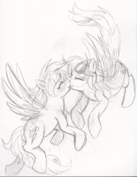 Size: 2384x3080 | Tagged: safe, artist:enigmaticfrustration, character:rainbow dash, character:spitfire, species:pegasus, species:pony, ship:spitdash, female, goggles, kissing, lesbian, monochrome, shipping, traditional art, wings