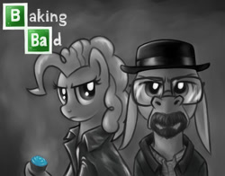 Size: 1008x792 | Tagged: safe, artist:verulence, character:cranky doodle donkey, character:pinkie pie, species:donkey, species:earth pony, species:pony, breaking bad, crossover, cupcake, glasses, heisenburro, ponified, walter white