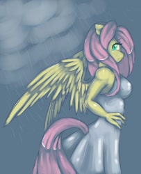 Size: 600x738 | Tagged: dead source, safe, artist:misukitty, character:fluttershy, species:anthro, clothing, crying, dress, female, rain, solo, wet