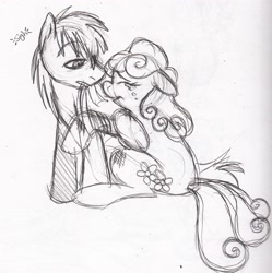 Size: 2088x2096 | Tagged: safe, artist:enigmaticfrustration, character:daisy, character:goldengrape, species:earth pony, species:pony, ship:daisygrape, bandage, crying, female, high res, injured, male, mare, monochrome, shipping, stallion, straight