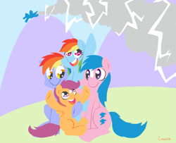 Size: 1777x1440 | Tagged: safe, artist:coggler, character:firefly, character:rainbow blaze, character:rainbow dash, character:scootaloo, parent:firefly, species:pegasus, species:pony, ship:fireblaze, g1, g4, adopted offspring, family, female, filly, firefly as rainbow dash's mom, foal, g1 to g4, generation leap, male, mare, parent, parent:rainbow blaze, parents:fireblaze, scootadoption, shipping, straight