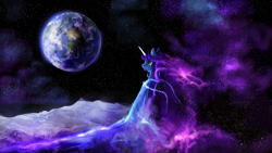 Size: 1024x576 | Tagged: safe, artist:elkaart, character:princess luna, species:alicorn, species:pony, banishment, chained, crying, earth, ethereal mane, female, looking away, solo, space, surreal