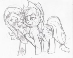 Size: 900x719 | Tagged: safe, artist:enigmaticfrustration, character:applejack, character:rarity, ship:rarijack, female, lesbian, monochrome, shipping, sketch
