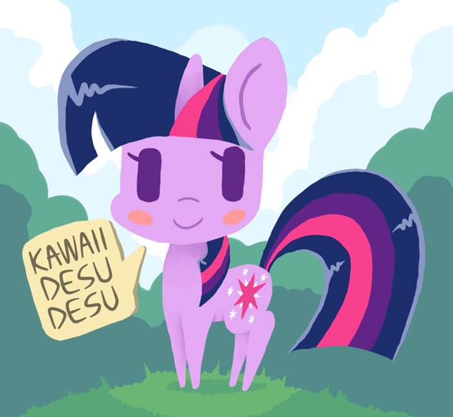 Size: 634x584 | Tagged: safe, artist:omegaozone, character:twilight sparkle, animated, blush sticker, blushing, chibi, cute, desu, dialogue, female, frame by frame, japanese, looking at you, smiling, solo, speech bubble, squigglevision