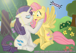 Size: 2000x1408 | Tagged: safe, artist:enigmaticfrustration, artist:fluffywuffs, character:fluttershy, character:rarity, ship:rarishy, blushing, eyes closed, female, kissing, lesbian, pomf, shipping, wingboner