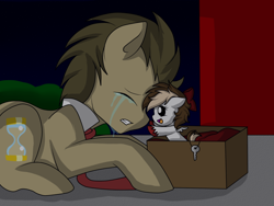 Size: 960x720 | Tagged: safe, artist:hikariviny, character:doctor whooves, character:time turner, oc, oc:sweet lullaby, parent:doctor whooves, parent:roseluck, parents:doctorrose, species:pony, abandoned, abandonment, adoption, baby, baby pony, crying, father and daughter, foal, offspring, sad