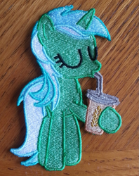 Size: 749x948 | Tagged: safe, artist:ethepony, character:lyra heartstrings, species:pony, cup, drink, embroidery, female, patch, solo