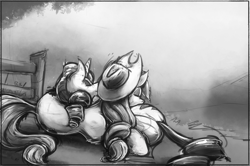 Size: 1280x851 | Tagged: safe, artist:bantha, character:applejack, character:rarity, ship:rarijack, butt pillow, female, fence, grayscale, lesbian, monochrome, shipping