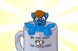 Size: 907x595 | Tagged: safe, artist:wingbeatpony, character:derpy hooves, oc, oc:sunnyside, species:pony, cup, cup of pony, glasses, micro, mug, open mouth, smiling, solo, spread wings, wings