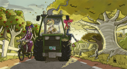Size: 1200x651 | Tagged: safe, artist:theartrix, character:apple bloom, character:applejack, character:twilight sparkle, species:human, bicycle, clothing, driving, fence, glasses, gossip, humanized, light skin, long skirt, overalls, riding, road, skirt, talking, tractor, tree, working