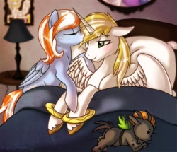 Size: 985x847 | Tagged: safe, artist:prettypinkpony, oc, oc only, oc:cozy cotton, oc:vesairus, species:alicorn, species:changeling, species:pony, alicorn oc, bangles, bed, blushing, changeling oc, female, freckles, horn, kissing, lamp, male, plushie, straight, unshorn fetlocks, wings, wristband