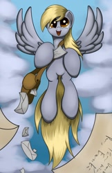 Size: 1100x1700 | Tagged: safe, artist:grennadder, character:derpy hooves, species:pegasus, species:pony, bag, female, flying, happy, letter, mail, mailbag, mailmare, mailpony, mare, smiling, solo