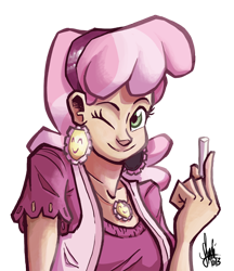 Size: 650x751 | Tagged: safe, artist:theartrix, character:cheerilee, species:human, chalk, ear piercing, earring, female, humanized, jewelry, light skin, looking at you, necklace, piercing, solo, wink, winking at you