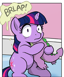 Size: 372x450 | Tagged: safe, artist:muffinshire, character:spike, character:twilight sparkle, comic:twilight's first day, baby, baby spike, cropped, filly, filly twilight sparkle, implied vomit, mama twilight, vomit, younger