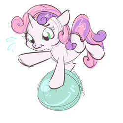 Size: 500x500 | Tagged: safe, artist:clovercoin, character:sweetie belle, species:pony, species:unicorn, balancing, ball, female, simple background, solo, white background