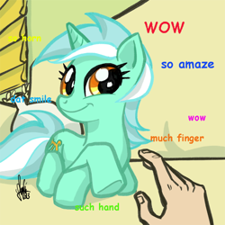 Size: 700x700 | Tagged: safe, artist:theartrix, character:lyra heartstrings, caption, comic sans, couch, doge, hand, meme, ponified animal photo, text