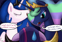 Size: 1700x1133 | Tagged: safe, artist:professor-ponyarity, character:princess celestia, character:princess luna, character:twilight sparkle, species:alicorn, species:pony, accessory swap, clothing, costume, dialogue, mane swap, nightmare night costume, speech bubble, sweat, sweatdrop, this will not end well