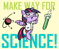 Size: 3000x2500 | Tagged: safe, artist:doggonepony, character:twilight sparkle, character:twilight sparkle (alicorn), species:alicorn, species:pony, atom, bipedal, chibi, clothing, cute, female, lab coat, open mouth, safety goggles, science, simple background, solo, test tube, text, that pony sure does love science, twiabetes