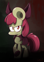 Size: 1011x1400 | Tagged: safe, artist:slitherpon, character:apple bloom, cape, clothing, fangs, female, fishnets, solo, vampire
