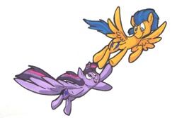 Size: 1024x689 | Tagged: safe, artist:frankilew, character:flash sentry, character:twilight sparkle, character:twilight sparkle (alicorn), species:alicorn, species:pony, ship:flashlight, female, flying, male, mare, shipping, straight, traditional art