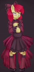 Size: 400x840 | Tagged: dead source, safe, artist:misukitty, character:apple bloom, species:pony, bipedal, blind, clothing, dress, female, goth, semi-anthro, solo