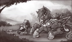 Size: 1280x743 | Tagged: safe, artist:bantha, oc, oc only, oc:rome silvanus, species:pegasus, species:pony, commission, grayscale, monochrome, rome, solo, tongue out