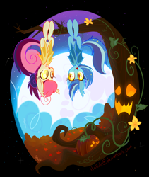 Size: 912x1081 | Tagged: safe, artist:meekcheep, oc, oc only, oc:star struck, species:bat pony, species:pony, behaving like a bat, halloween, holiday, jack-o-lantern, moon, pumpkin, stars, tree, upside down