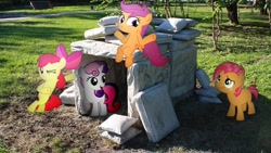 Size: 1920x1080 | Tagged: safe, artist:mr-kennedy92, character:apple bloom, character:babs seed, character:scootaloo, character:sweetie belle, species:pegasus, species:pony, cutie mark crusaders, fort, irl, mattress, outdoors, photo, pillow fort, ponies in real life, shadow, vector