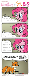 Size: 2845x7035 | Tagged: safe, artist:redapropos, character:pinkie pie, species:fox, comic, morse code, oatmeal, oatmeal are you crazy, the fox, translated in the comments, what does the fox say?, ylvis