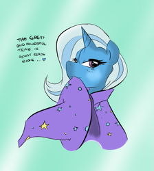 Size: 875x978 | Tagged: safe, artist:bamboodog, character:trixie, species:pony, species:unicorn, female, mare, mouth hold, solo