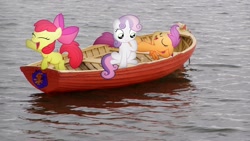 Size: 1920x1080 | Tagged: safe, artist:mr-kennedy92, character:apple bloom, character:scootaloo, character:sweetie belle, species:pegasus, species:pony, boat, cutie mark crusaders, irl, lake, logo, photo, ponies in real life, vector