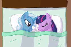 Size: 800x528 | Tagged: safe, artist:wingbeatpony, character:trixie, character:twilight sparkle, ship:twixie, bed, female, horns are touching, lesbian, shipping, sleeping