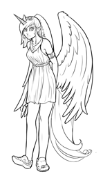 Size: 776x1300 | Tagged: safe, artist:aphexangel, character:princess luna, species:human, female, horned humanization, humanized, monochrome, solo, tailed humanization, winged humanization