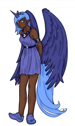 Size: 776x1300 | Tagged: safe, artist:aphexangel, artist:danerboots, character:princess luna, species:human, colored, dark skin, female, horned humanization, humanized, s1 luna, simple background, solo, tailed humanization, winged humanization