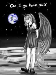 Size: 982x1300 | Tagged: safe, artist:aphexangel, character:princess luna, species:human, banishment, dialogue, earth, elf ears, female, horned humanization, humanized, looking at you, moon, solo, space, tailed humanization, winged humanization