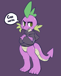 Size: 501x619 | Tagged: safe, artist:mangneto, character:spike, bottomless, clothing, dialogue, hoodie, male, not vulgar, solo, speech bubble