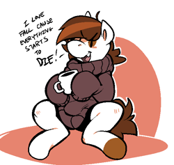 Size: 577x547 | Tagged: safe, artist:mangneto, character:pipsqueak, autumn, baby bowser, clothing, coffee, cup, dialogue, drink, male, paper mario, solo, sweater