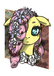 Size: 500x700 | Tagged: safe, artist:discommunicator, artist:scarletvye, character:fluttershy, :<, alternate hairstyle, colored, eyebrows, female, floppy ears, flower, flower in hair, frown, hair over one eye, looking at you, out of frame, portrait, solo, wingding eyes