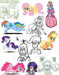 Size: 793x1007 | Tagged: safe, artist:theartrix, character:applejack, character:cheerilee, character:fluttershy, character:pinkie pie, character:queen chrysalis, character:rainbow dash, character:rarity, character:scootaloo, character:sunset shimmer, character:sweetie belle, oc, species:human, species:pegasus, species:pony, ant, humanized, princess peach, sketch, sketch dump, super mario bros.