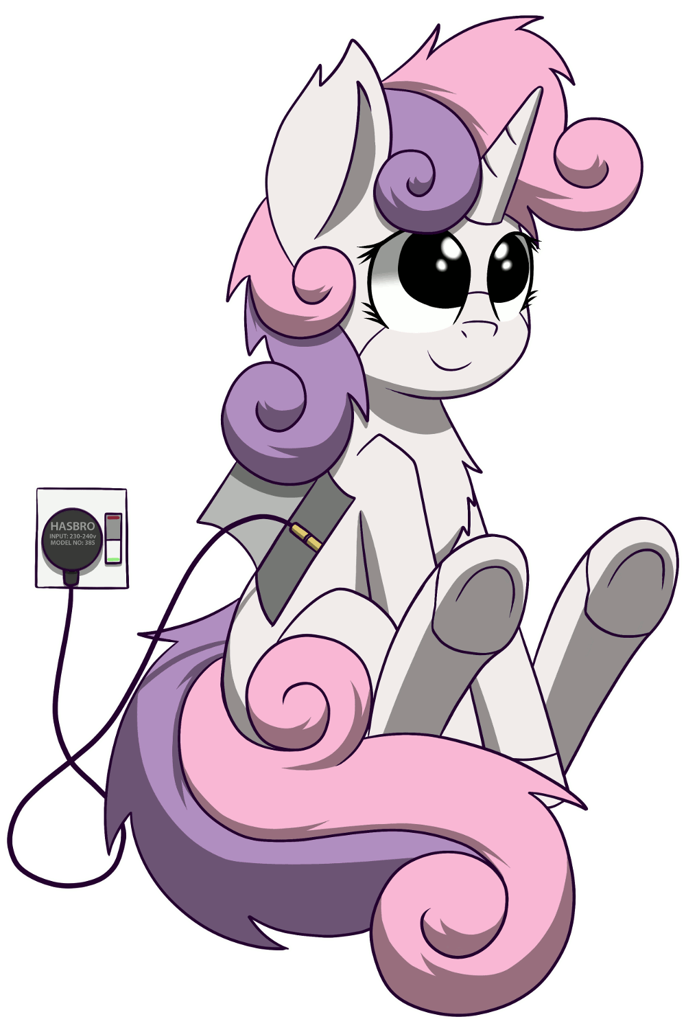 Size: 1000x1500 | Tagged: safe, artist:scramjet747, character:sweetie belle, species:pony, species:unicorn, sweetie bot, animated, charging, female, filly, foal, gif, hooves, horn, power cord, robot, robot pony, sitting, smiling, solo