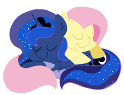 Size: 923x714 | Tagged: safe, artist:coggler, character:fluttershy, character:princess luna, simple background, sleeping