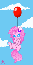 Size: 585x1138 | Tagged: dead source, safe, artist:lolopan, character:pinkie pie, species:earth pony, species:pony, balloon, bow, colored eyelashes, colored pupils, cute, diapinkes, featureless crotch, female, hooves to the chest, looking at you, mare, signature, smiling, solo, then watch her balloons lift her up to the sky