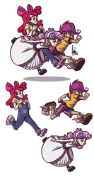 Size: 700x1313 | Tagged: safe, artist:theartrix, character:apple bloom, character:scootaloo, character:sweetie belle, species:human, species:pegasus, species:pony, cutie mark crusaders, humanized, overalls, running, sketch dump