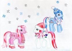 Size: 1024x722 | Tagged: safe, artist:normaleeinsane, character:mistletoe, g3, boots, clothing, hat, marshmallow coco (g3), scarf, snow, snow'el, snowfall, traditional art