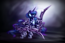 Size: 2048x1350 | Tagged: safe, artist:zedrin, character:princess luna, armor, crossover, female, glowing eyes, league of legends, nocturne, solo, sword, warrior luna